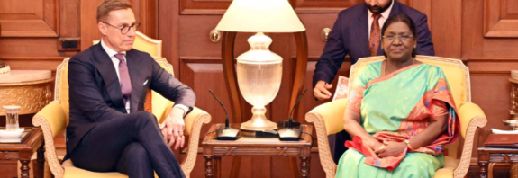 President Alexander Stubb meets Droupadi Murmu at Rashtrapati Bhavan.